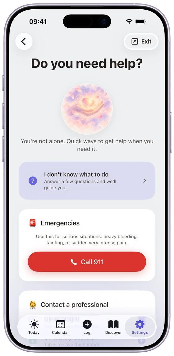Softly's help screen, with quick exit, emergencies and helplines